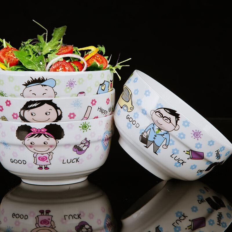 亲子餐具创意可爱卡通方碗一家四口家用陶瓷饭碗家庭碗筷套装学生 一家四口4.5英寸护边碗