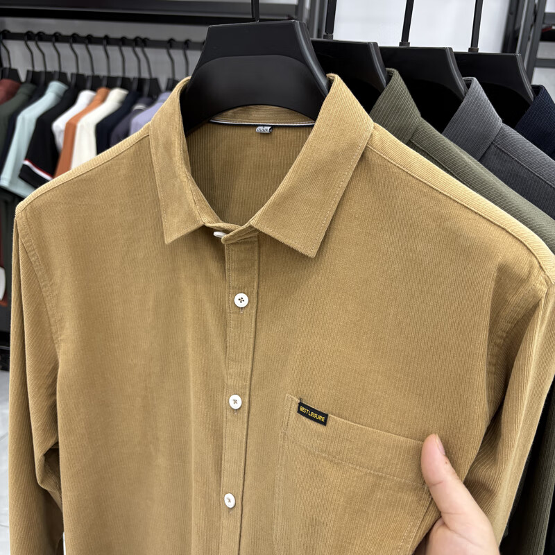 老爷车（LAOYECHE）100%纯棉灯芯绒真口袋男士长袖衬衫纯色休闲秋装衬衣保暖男装寸衫 IF-24620豆绿 L 推荐120-135斤