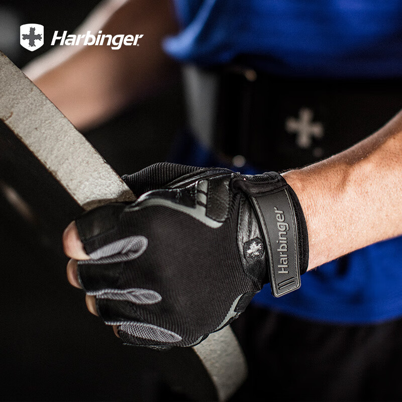 Harbinger哈彬者健身手套男运动骑行举重器械训练单杠引体向上防滑耐磨真皮 易干真皮/缓冲加垫/黑灰色/男款 M(掌围19-20.3cm)