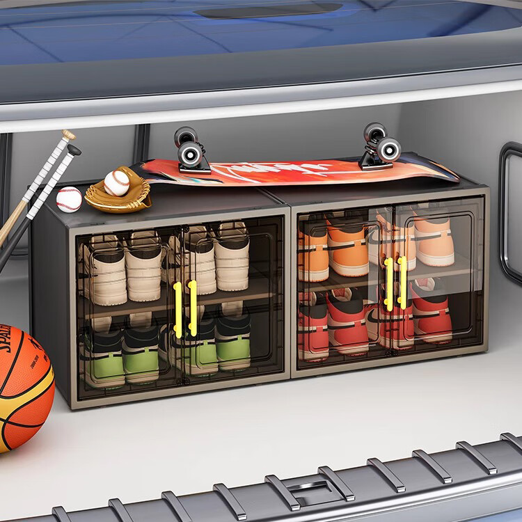 良品主义车载专用鞋盒汽车后备箱鞋子收纳神器家用鞋架车内放鞋透明盒鞋柜 【双磁吸门锁】4层白-放8双大码鞋