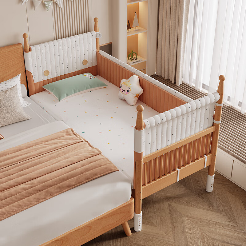 枫眠榉木婴儿拼接床实木加高带护栏加宽床大人可睡小床宝宝儿童床 床+牛油果绿床围+6cm椰棕乳胶垫 180x80cm