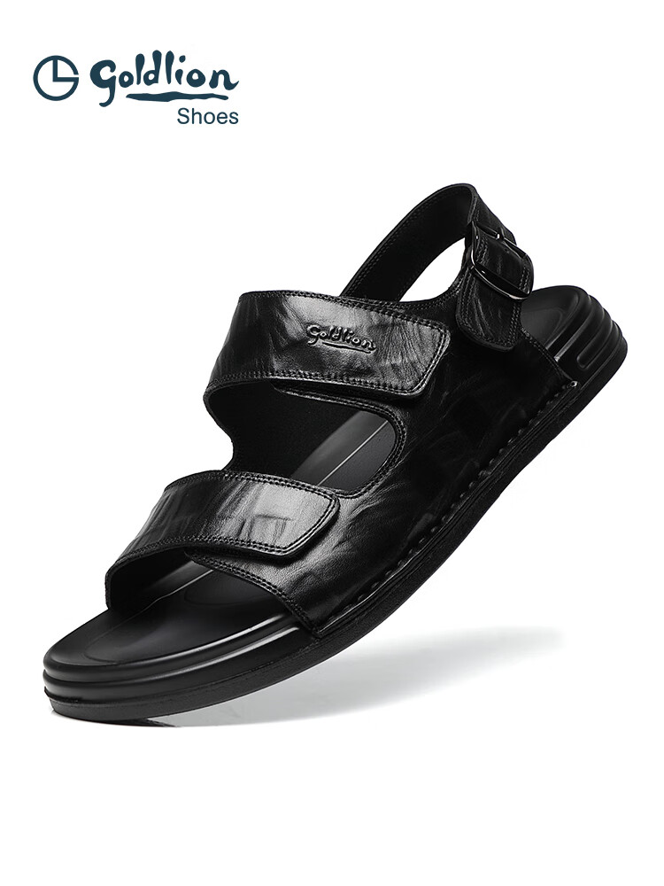 金利来男鞋2025夏季新款时尚休闲沙难鞋真皮透气外穿轻底男士凉鞋 黑色-JY 40