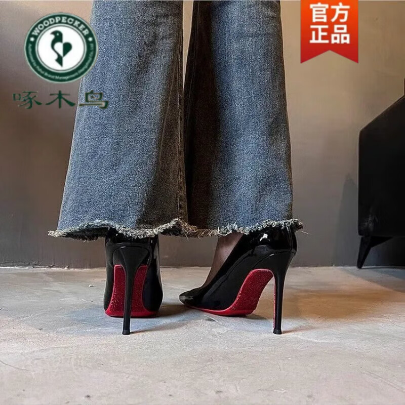 啄木鸟水钻红底高跟鞋女细跟2026新款绝美性感气质黑色漆皮尖头法式单鞋 黑色单鞋红底水钻 7cm 37 脚宽脚胖拍大一码