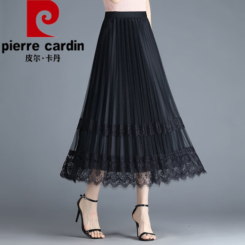 皮爾卡丹（pierre cardin）兩面穿高腰百褶裙中長款網(wǎng)紗裙春夏新款百搭A(yù)字裙秋季蕾絲半身裙 黑色【春夏】 M 碼【建議100斤內(nèi)】