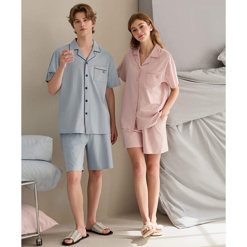 芬腾情侣睡衣夏季女士薄款纯棉短袖短裤套装男休闲大码全棉家居服 豆沙粉【单女款】 M 建议:女92-110斤,男105-126斤