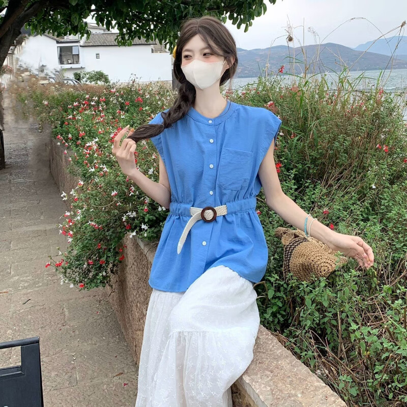 恒源祥小清新飞袖上衣女夏新款多巴胺穿搭套装法式独特漂亮掐腰短袖衬衫 黄色 S 80--95斤左右