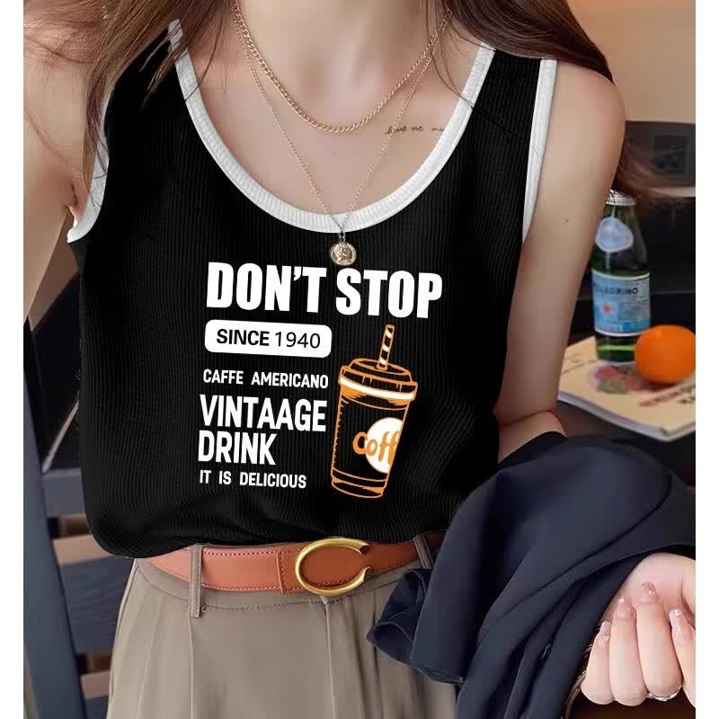 【精选】美式复古无袖坎肩吊带上衣运动背心女装宽松显瘦打底内搭 咖啡色字母咖啡白 S 码建议80-95斤