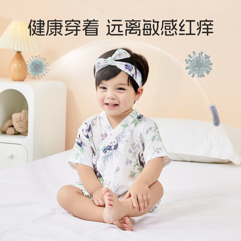贝谷贝谷婴儿睡袋新生儿连体衣和尚服爬服短袖夏季竹棉纱布宝宝护肚空调服 菠萝蜜语 80码