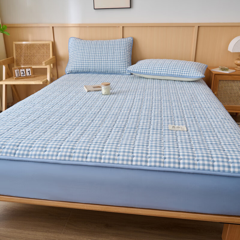 诸禄A类全棉夹棉床笠2米x2.2米2025新款四季通用床罩单件床垫保护隔脏 天蓝小格 床笠三件套 200cm*220cm