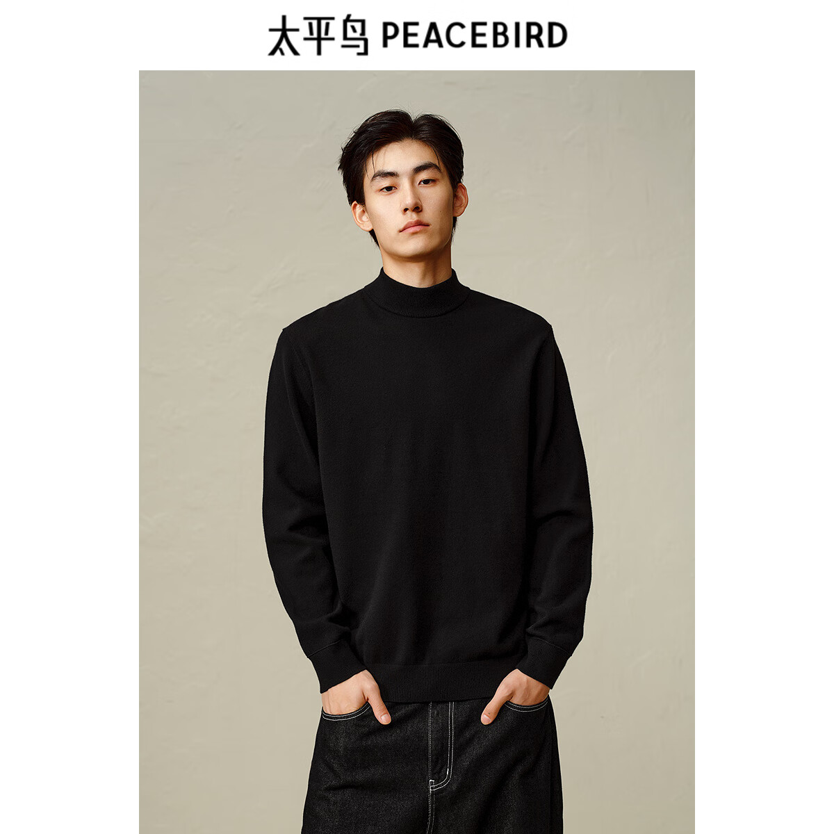 太平鸟男装毛衣冬季净色半高领亲肤绒打底衫多色保暖针织衫 黑色 第二批 L