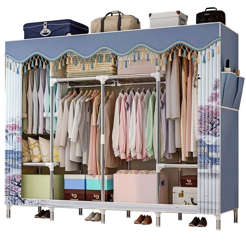 蜗家简易衣柜 布衣柜25管钢管加厚加粗加固大空间双人布艺衣橱宿舍寝室卧室布艺衣柜 2536江南烟雨