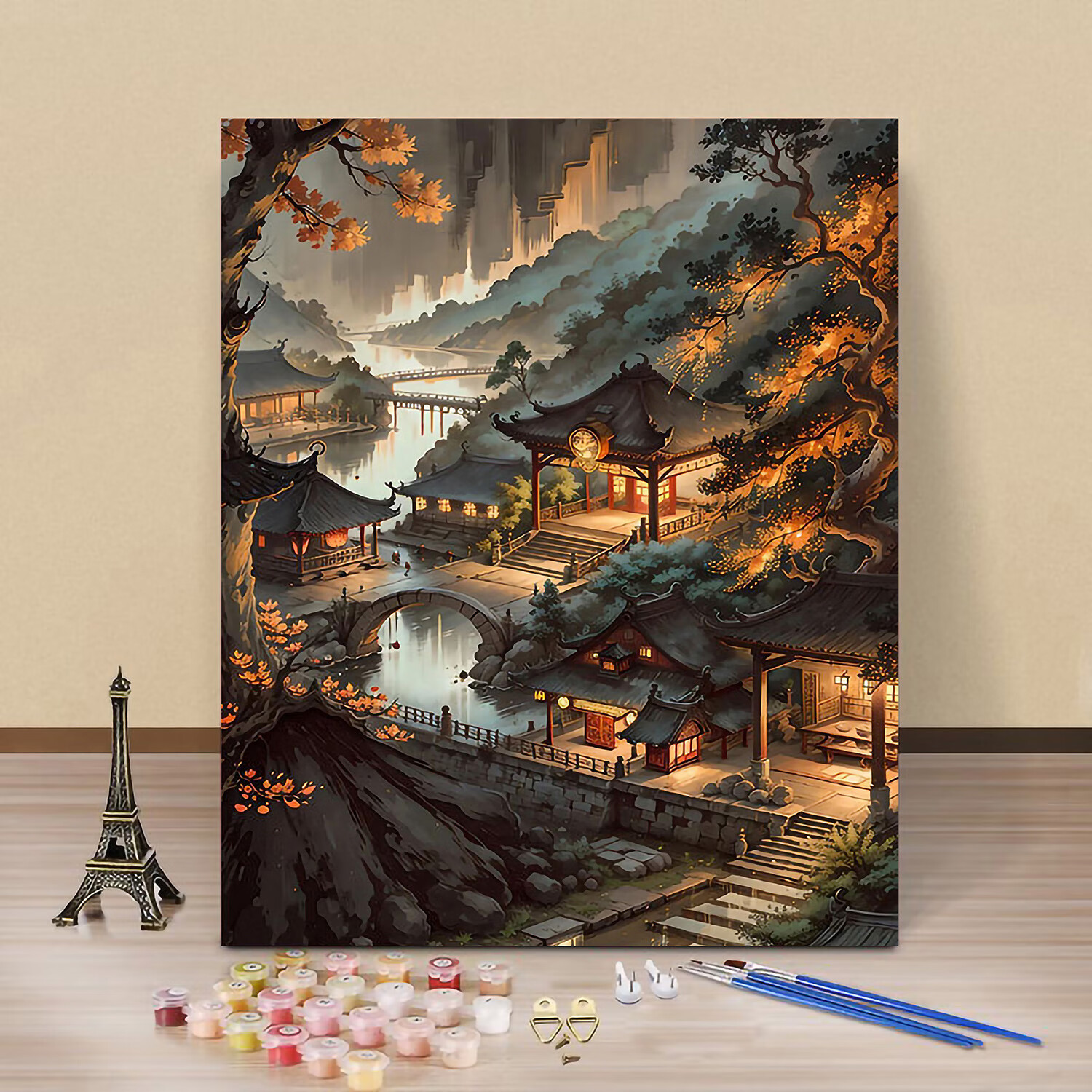 中国风山水数字油画diy填色治愈日落晚霞风景客厅餐厅手工装饰画 晚霞渔船Z217淡彩底 单独60*75cm绷好实木内框+笔颜料
