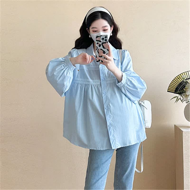 爱菲莹孕妇装宽松休闲纯色花边拼接衬衣怀孕期时尚长袖棉衬衫上衣 蓝色 M