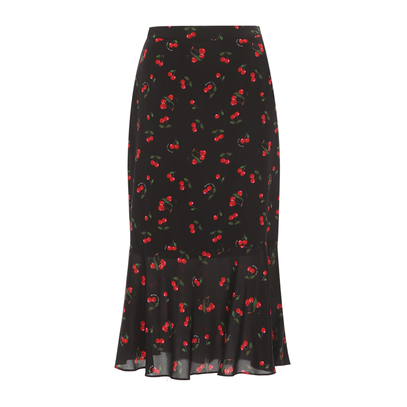 愛(ài)特愛(ài)(EITIE)桑蠶絲櫻桃印花半身裙2025夏季新款高腰減齡包臀魚(yú)尾裙8206908 極簡(jiǎn)黑20 2XL (175)