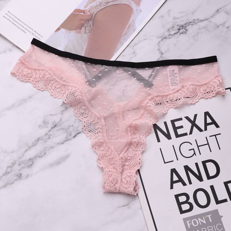 锦苡2条礼盒装欧美性感内裤女蕾丝边透气网纱丁字裤t裤棉裆舒适小裤女 （酒红+酒红） 2条 均码 适合90-115斤