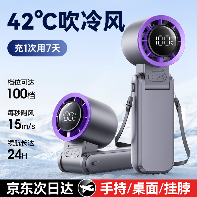 慕向手持小风扇桌面小型电风扇大风力长续航充电降温神器便携式折叠挂脖学生户外超静音随身制冷小电扇 【戴森紫】100档调节 | 可折叠 3600mAh 3600mAH