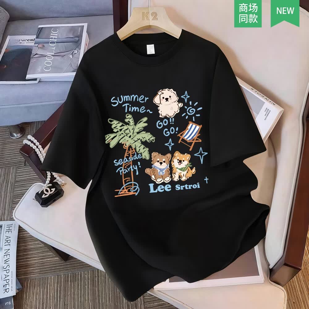 LEESRTROI2025新款纯棉短袖女t恤男女同款休闲百搭潮流情侣装半袖夏季潮牌 活性黑 M （100-120斤）