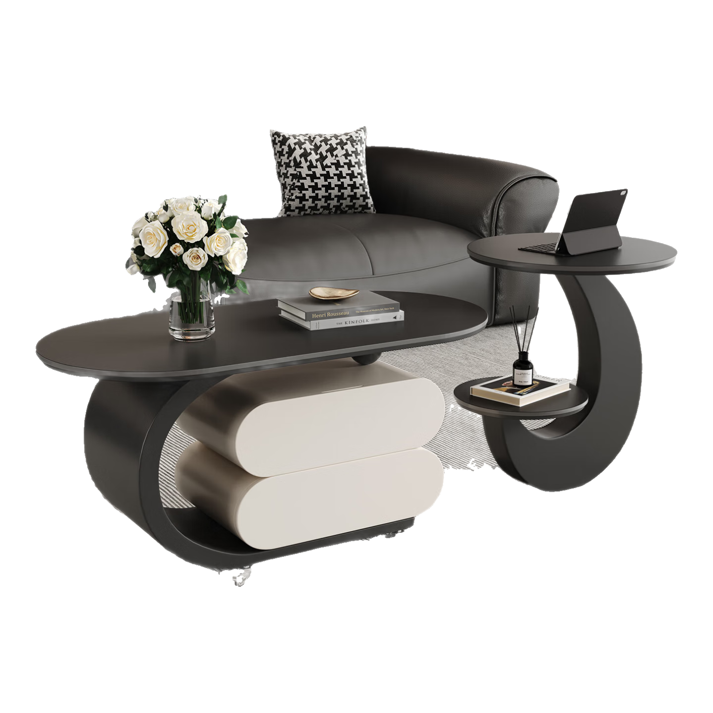 墨素巖板茶幾客廳輕奢大小戶型法式沙發(fā)邊幾桌餐邊柜推車簡約茶幾移動 黑架白柜：啞光黑巖板組合【100+50】 整裝