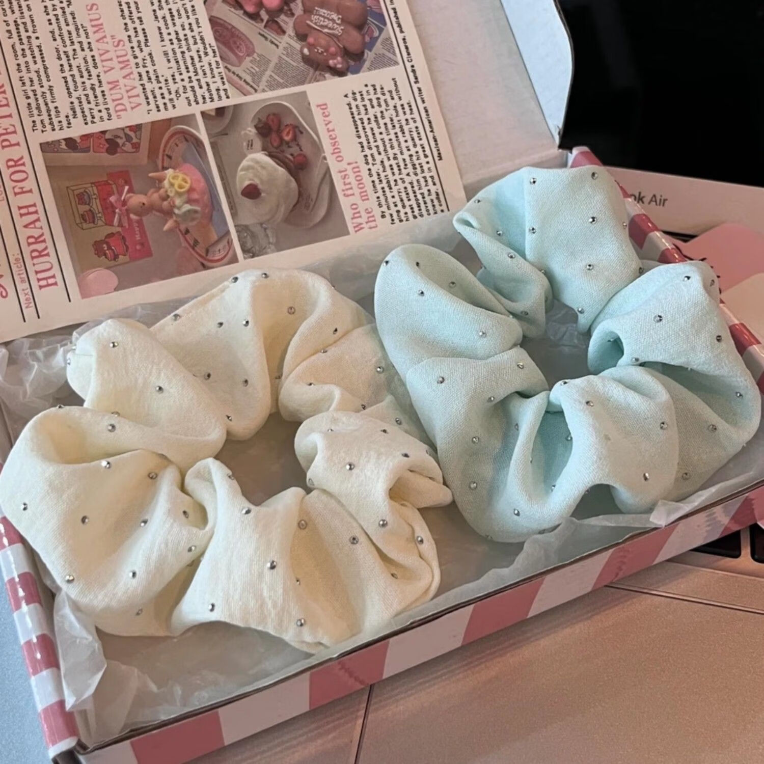 加恩倍薄荷曼波发饰蓝绿色大肠发圈新款头绳复古法式高级感韩系温柔 白色+浅绿各一个装