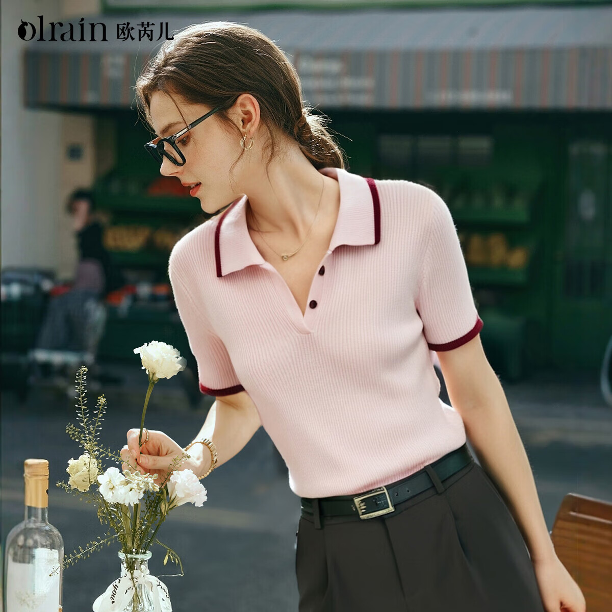 Olrain歐芮兒粉色POLO領(lǐng)通勤風(fēng)毛針織套頭衫女裝夏季小衫 粉色 L