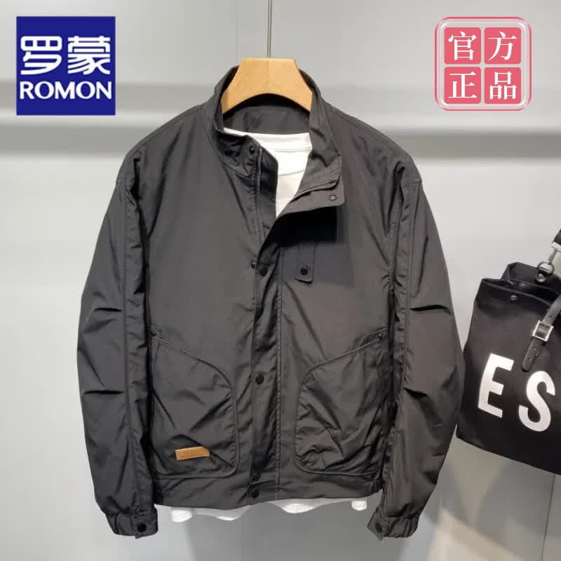 罗蒙（ROMON）春秋季新款立领夹克衫男士韩版潮流纯色休闲潮牌百搭修身工装外套 黑色 XL 125-140斤