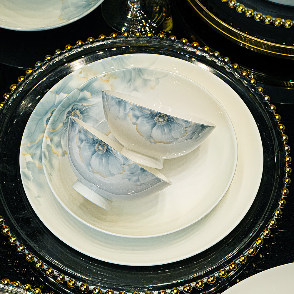 红牡丹景德镇骨瓷碗具整套家用陶瓷碗碟餐具中式釉下彩泡面碗喝汤大面碗 墨染花影4.5英寸饭碗1个