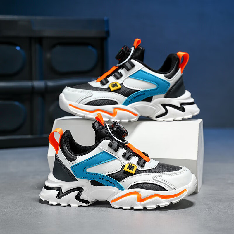 贝天熊童鞋儿童运动鞋秋冬款男童网面透气跑步鞋女革面旋钮扣学生鞋 K398黑桔【秋冬革面】 36 内长22.6/脚21.6