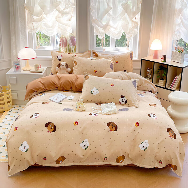 软贝小清新四件套 透气亲肤印花卡通简约田园风被套床单款套件 俏皮小狗 1.2m 床单款 三件套（被套150*200cm）