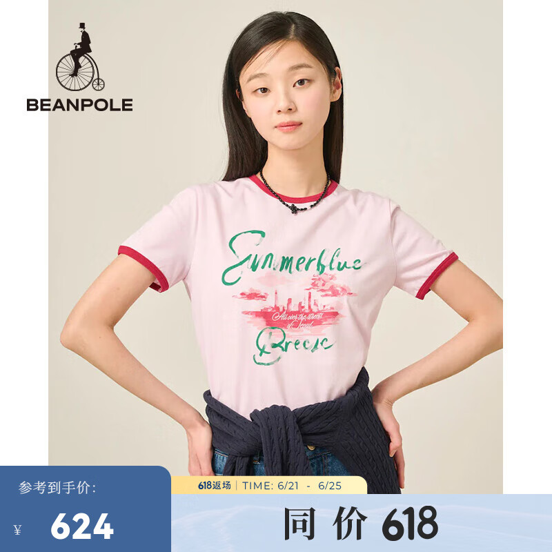 beanpole【新品】滨波  2025春夏女士配色边主题图案短袖粉色T恤 粉红色 M 165/88A