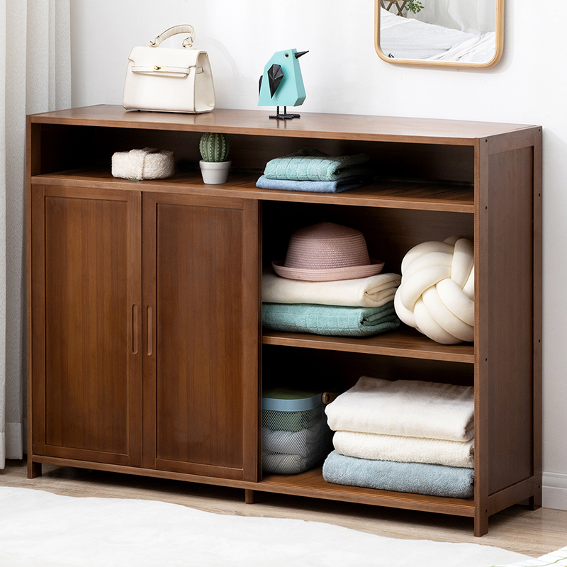 木马人落地简易玩具收纳架阳台储物柜家用飘窗杂物壁柜夹缝墙角边角柜子矮柜房间带门多功能储藏柜 【双向移门】茶色-四门117长