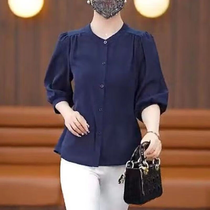 邦菲尔夏季新款妈妈装轻风纱衬衫女士显瘦减龄中袖上衣开衫时尚休闲衬衣 藏青色 5XL 170-185斤
