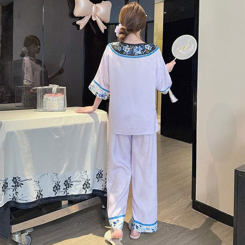 萧淑妃新中式国风睡衣女夏季凉感薄款冰丝复古少奶奶半袖长裤家居服套装 紫色 XL