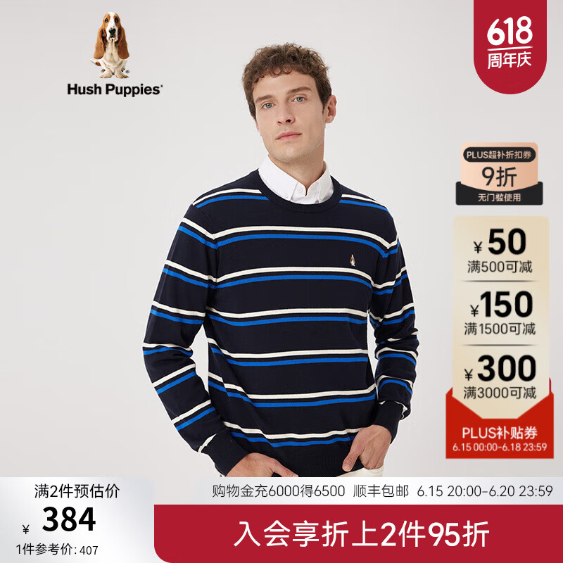 Hush Puppies暇步士男裝秋季純棉美式休閑風(fēng)撞色條紋針織衫男 075深藍(lán)1 M