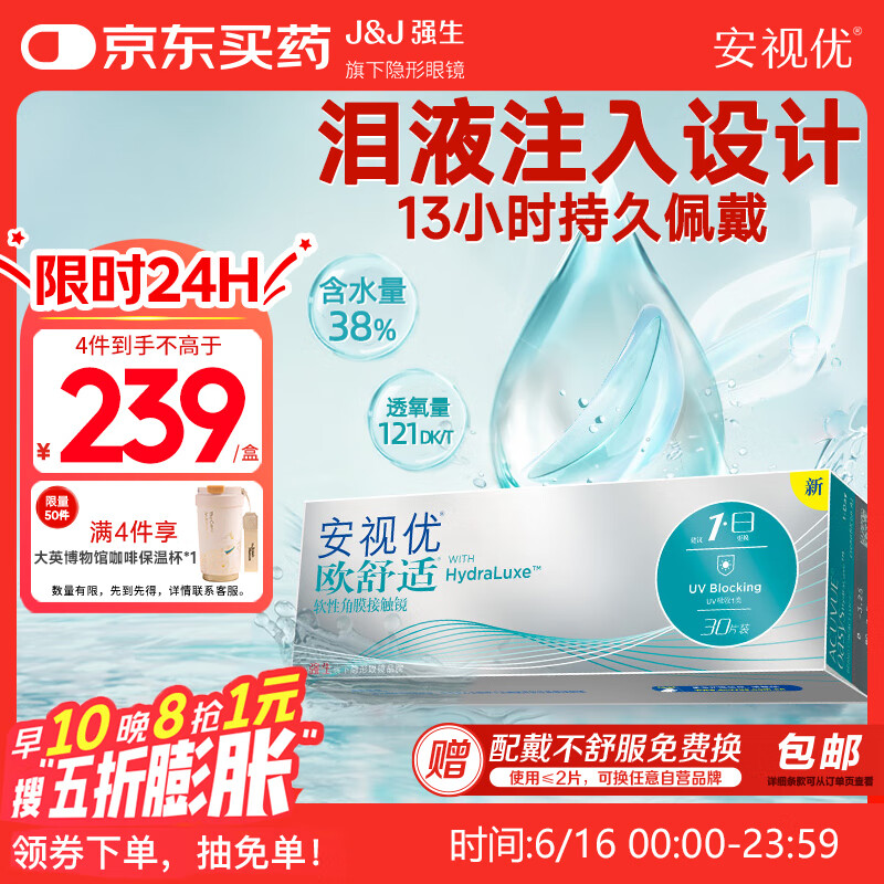 强生隐形眼镜日抛进口欧舒适硅水凝胶高透氧保湿30片装400度