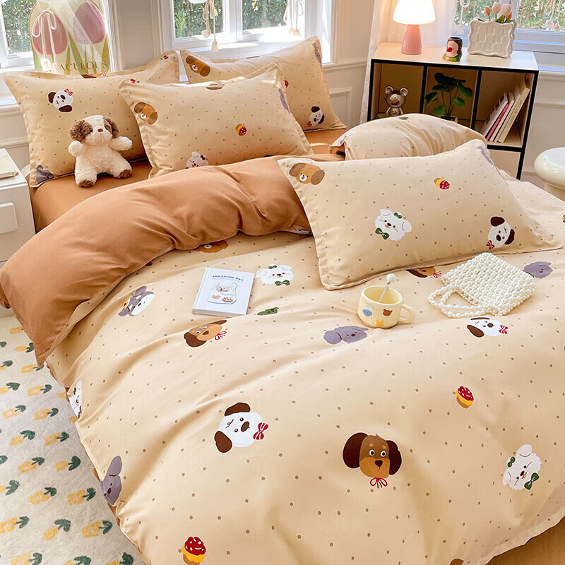 软贝小清新四件套 透气亲肤印花卡通简约田园风被套床单款套件 俏皮小狗 1.2m 床单款 三件套（被套150*200cm）