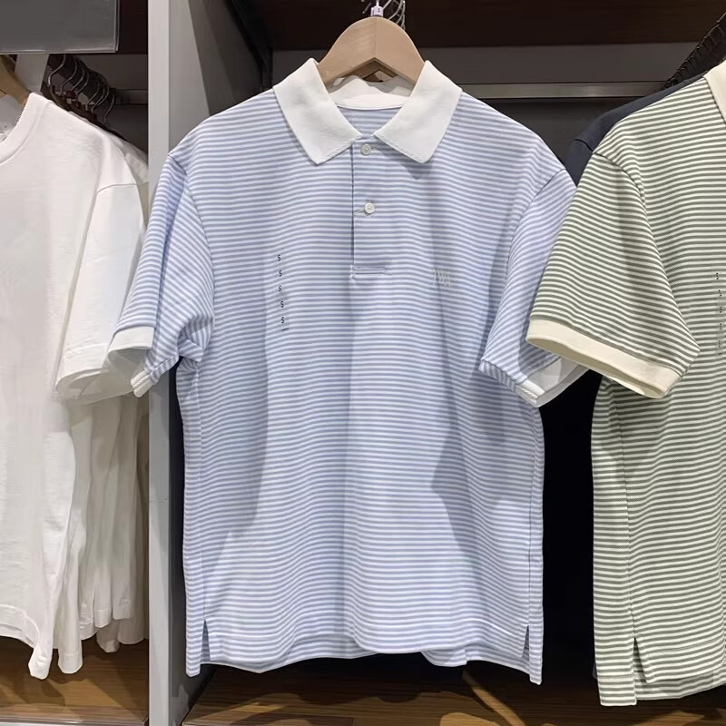 禾回情侣款条纹polo衫男装女装情侣装快干POLO衫短袖条纹T恤休闲百搭 水蓝色 S