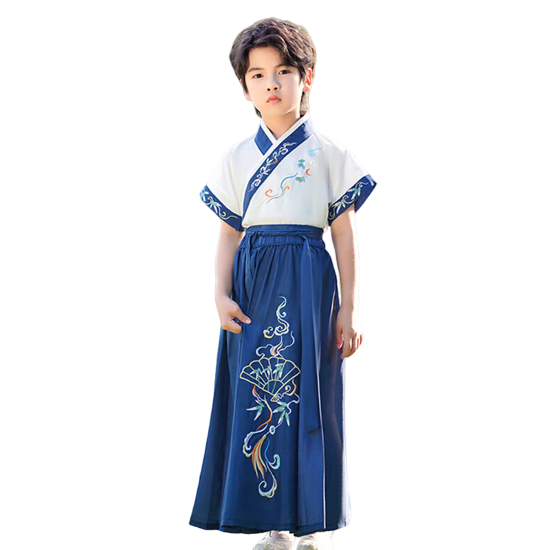 羅蒙漢服男童新中式唐裝春夏款兒童中國風(fēng)禮服套裝演出服 玄扇藍150