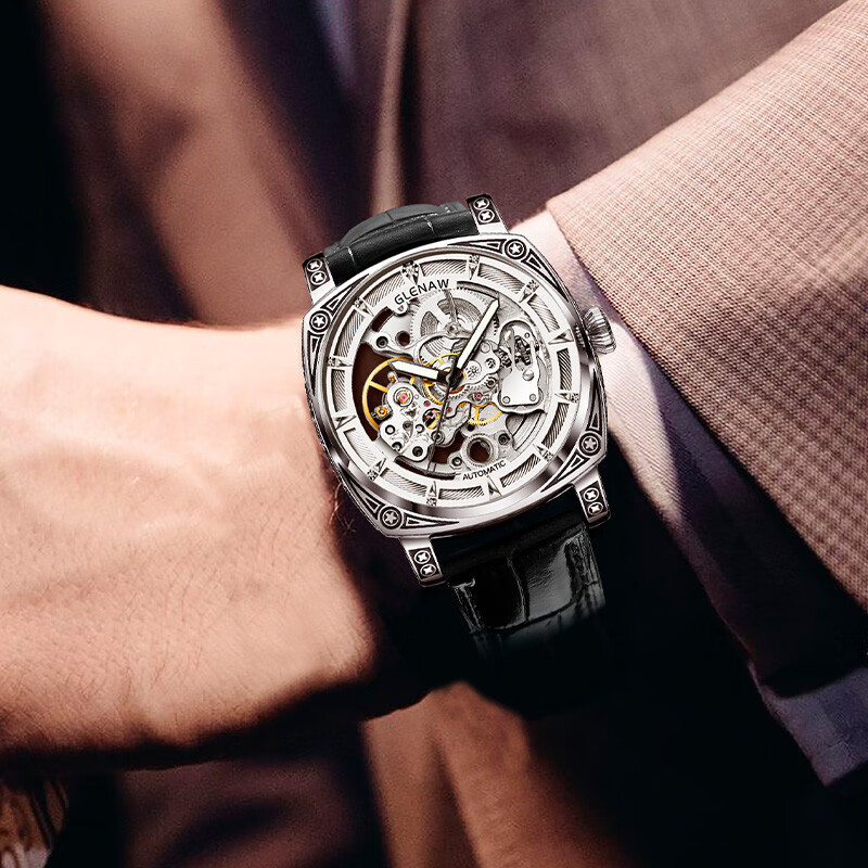 格伦glenaw国潮雕花男士全自动镂空机械表学生国产腕表 银壳白面黑