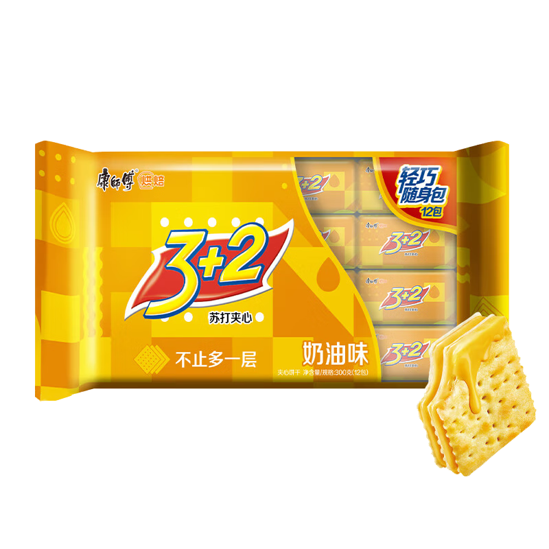 康师傅 3+2苏打夹心饼干 奶油味300g 休闲零食 早餐下午茶