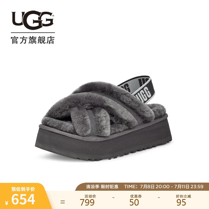 UGG春季女士交叉鞋面厚底彈力束帶毛毛涼鞋 1121550 CHRC|炭灰色 39