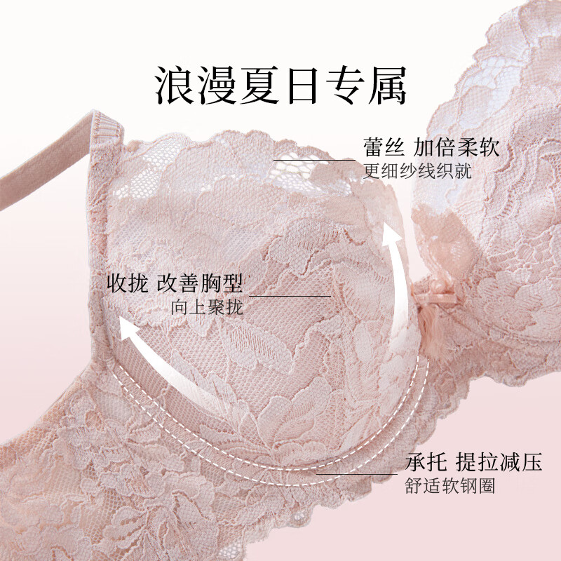 夏娃的诱惑粉佳人组内衣女士聚拢文胸性感蕾丝夏天薄款2026新款大胸显小胸罩 粉色 75C