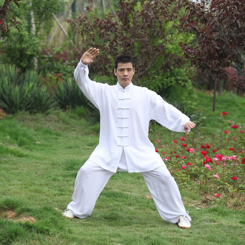 JEEP SPIRIT吉普男士唐裝太極拳服裝練功服春夏棉綢黑白藍灰4色太極服套裝 白色 均碼 XXXS