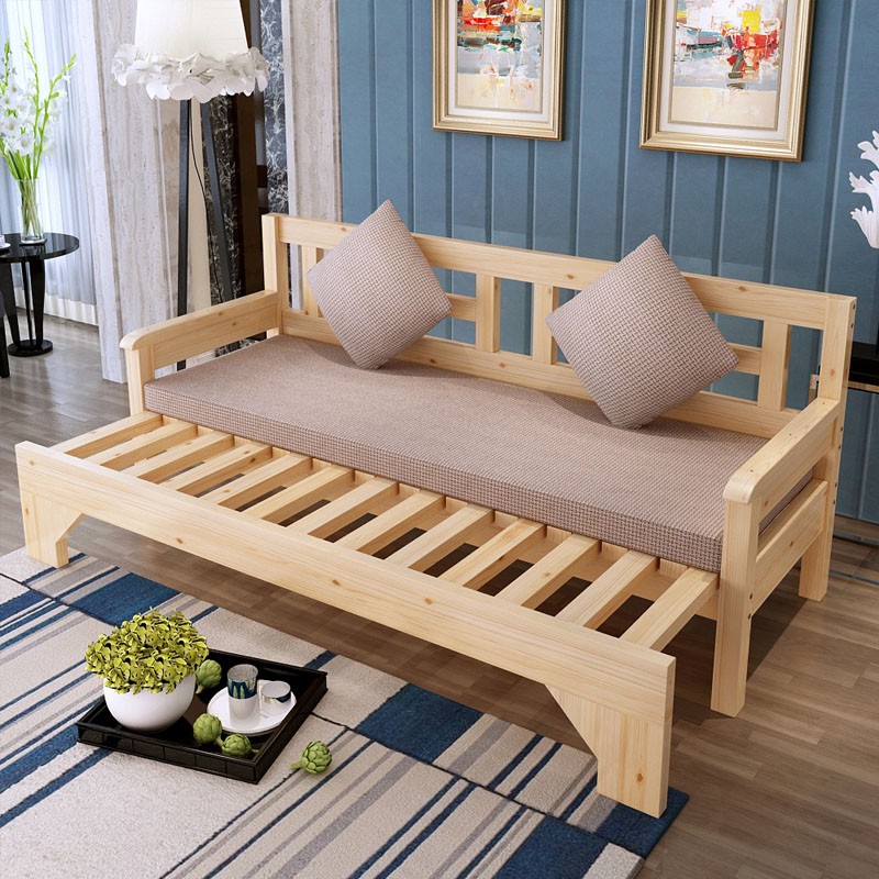 呈美轩 沙发床实木可折叠坐卧两用单人1.2双人1.5米小户型客厅多功能沙发 原木免漆 长200拉开120【送六件套】