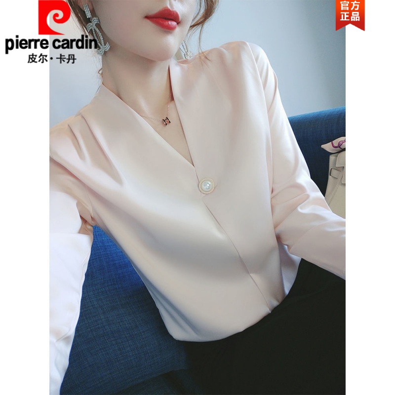 皮爾卡丹（pierre cardin）絲滑醋酸緞面V領(lǐng)上衣2022秋新款女士襯衫時尚洋氣質(zhì)小眾長袖針織 粉紅色 絲滑醋酸緞面 L 建議101-110斤