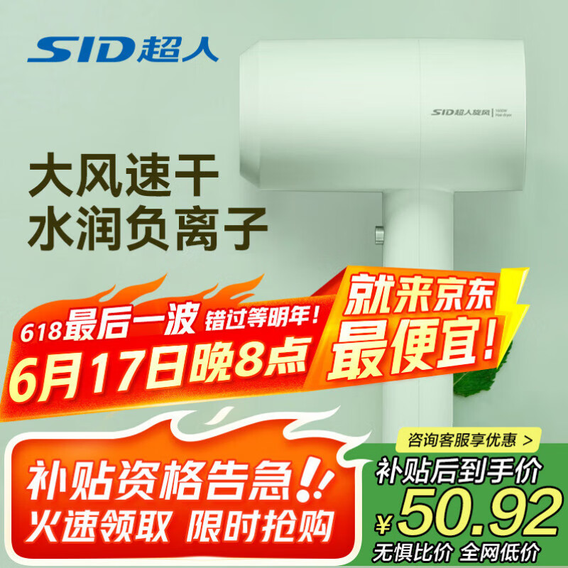 超人（SID）家用电吹风机 3000万负离子大风量速干便携简约吹风筒 宿舍学生旅行用电吹风RD1650S