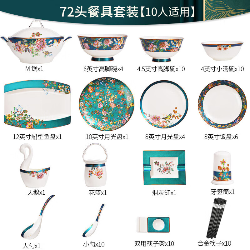 紅牡丹唐山骨瓷餐具套裝新中式國潮陶瓷碗碟套裝家用輕奢碗盤喬遷禮品 綠野仙蹤72頭【骨質(zhì)瓷  皮箱包裝