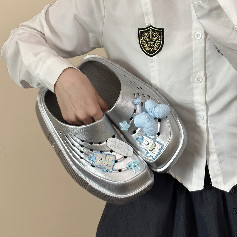 共迹gongji【敖瑞鹏同款】2025夏季新款防滑拖鞋厚底洞洞鞋增高男士凉鞋女鞋 银色 34-35