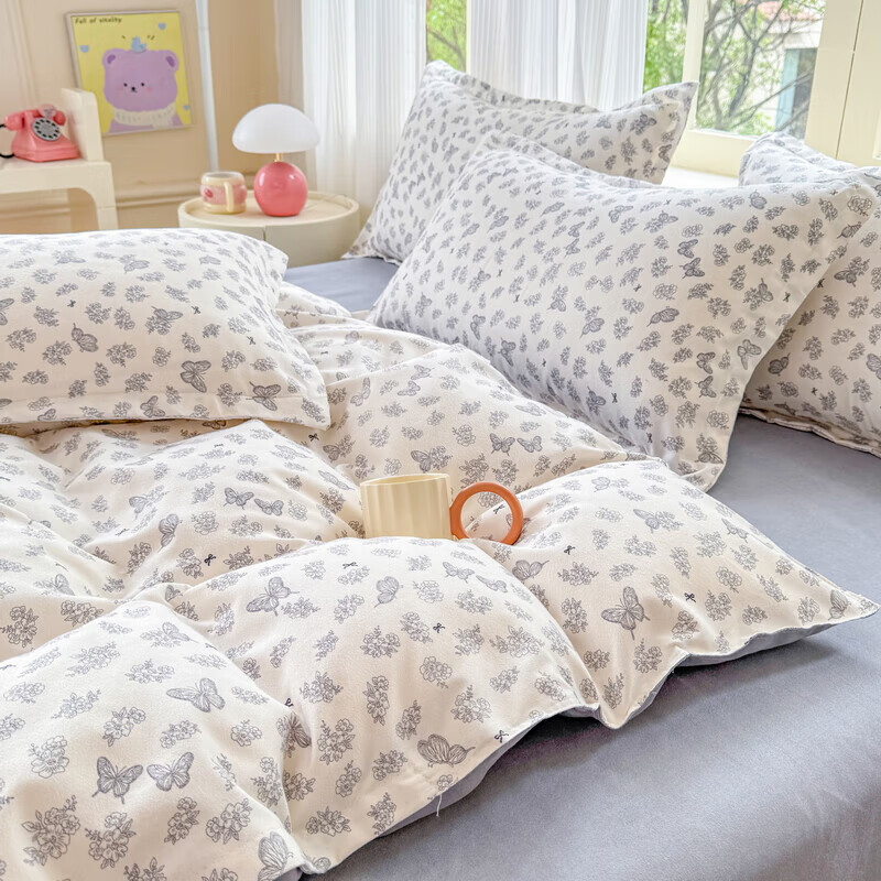 软贝 小清新四件套 透气亲肤 印花卡通简约田园套件被套床单床上用品 翩翩起舞 2.0m 床单款 四件套（被套200*230cm）