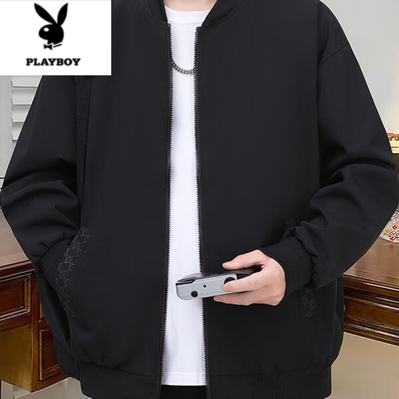 花花公子（PLAYBOY）春秋季夹克男士新款立领潮牌休闲感痞帅气秋装薄款棒球服外套 黑色 3XL 160-180斤