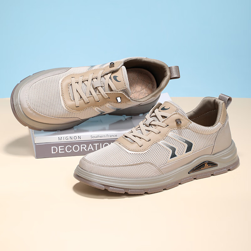 泰和源老北京布鞋男款2025新款夏季透气网面鞋时尚防滑软底休闲网眼板鞋 卡其色 78367 44